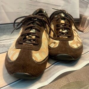 Women's Coach sz 8 Kelbie Brown Suede Signature Jacquard Leather Sneaker 🔥EUC​